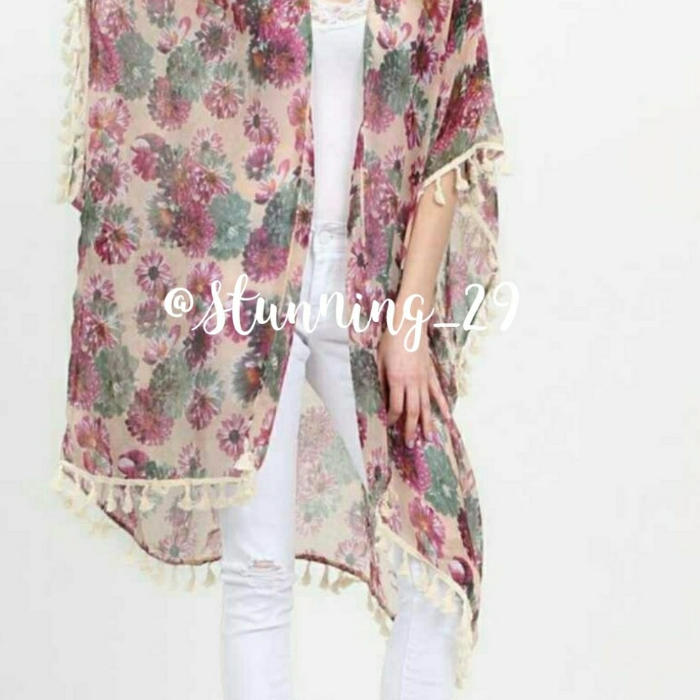 🆕 BEIGE PINK FLORAL OPEN LONG KIMOMO DUSTER - Picture 3 of 7